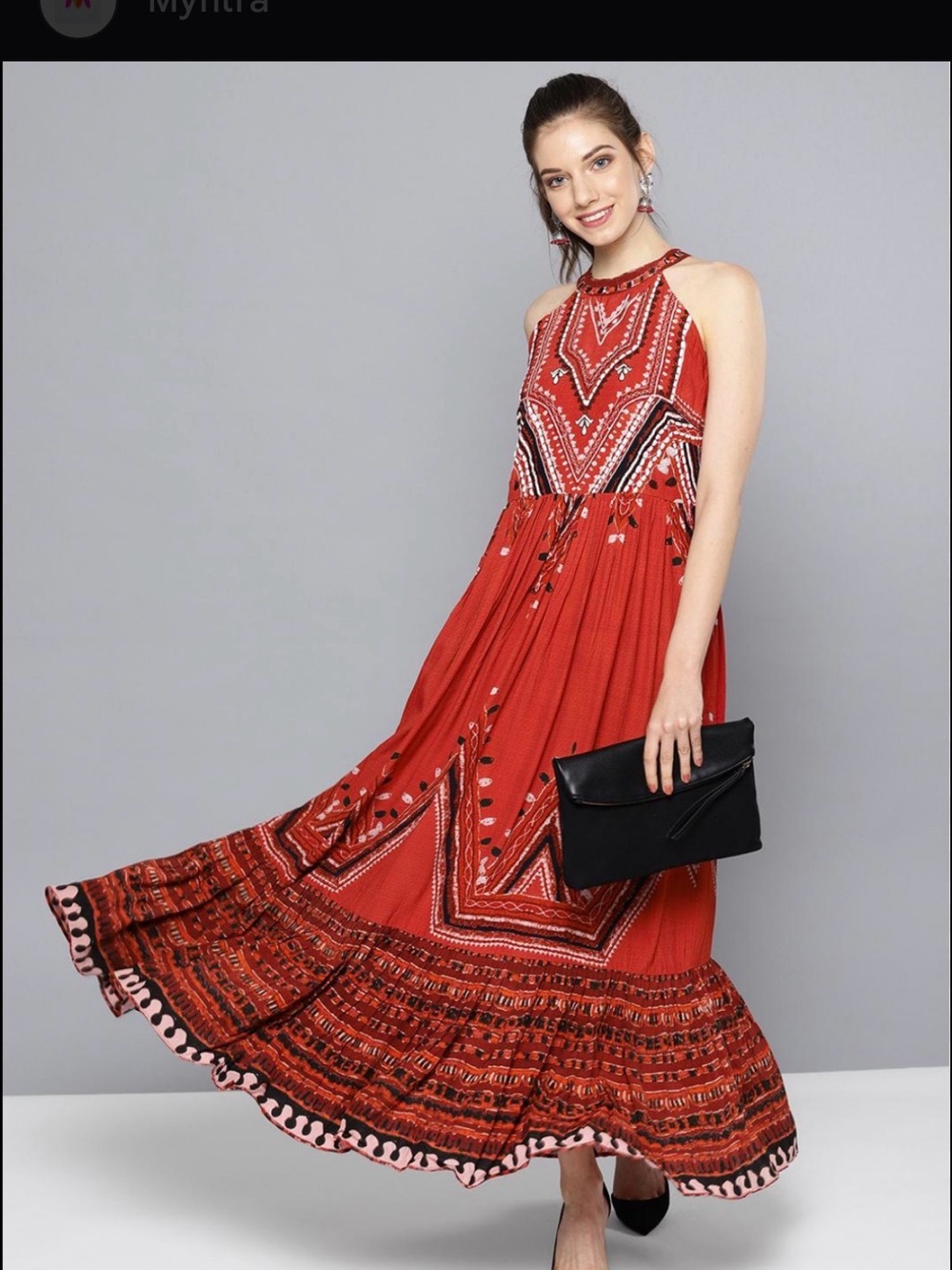 Ritu Kumar Boho Gypsy Beads Halter Maxi Dress Rust coral red